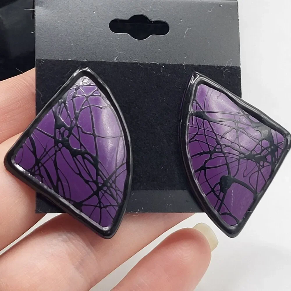 Vintage Hot Topic Grunge Emo Purple Splatter Triangle Deco Earrings 1.5in